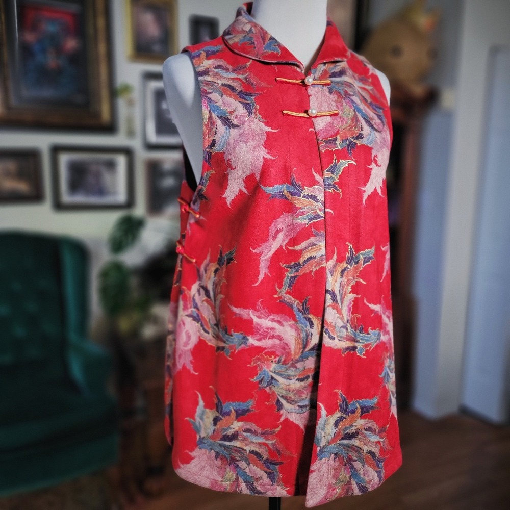 Han Tang Yuan‎ Vest Red Floral Tapestry Pearl Frog Closure Sleeveless Jacket NEW